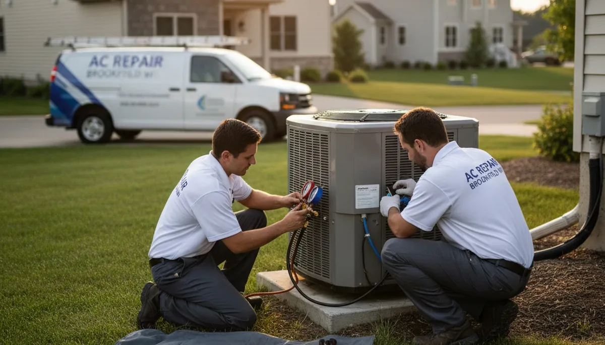 Professional AC repair technician servicing air conditioner unit in Milwaukee WI home