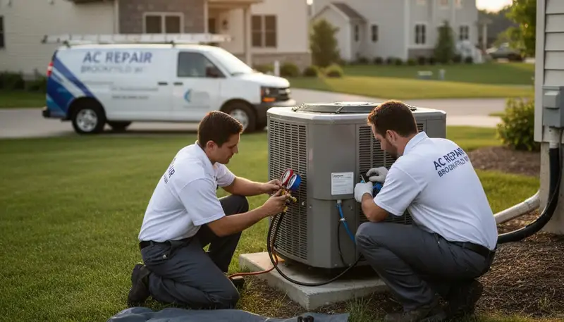 Professional AC repair technician servicing air conditioner unit in Milwaukee WI home