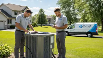 Professional AC repair technician servicing air conditioning unit in Milwaukee WI home