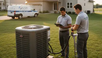 Professional AC repair technician servicing air conditioner unit in Milwaukee WI
