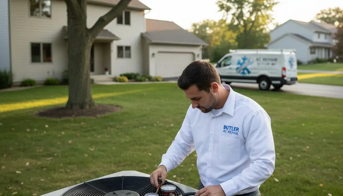 Professional AC repair technician servicing air conditioner in Milwaukee, WI