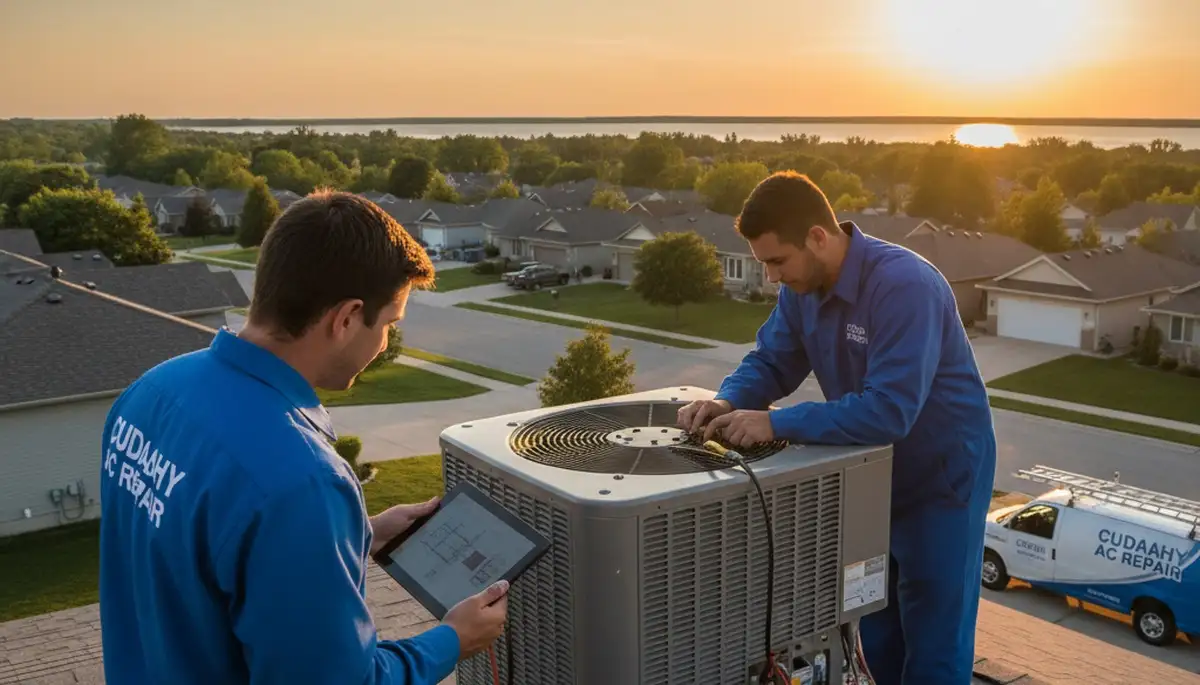 Professional AC repair technician servicing air conditioner in Milwaukee WI home
