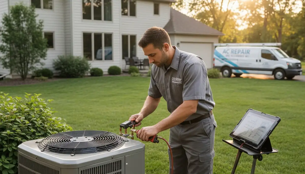 Professional AC repair technician servicing air conditioner in Milwaukee WI home