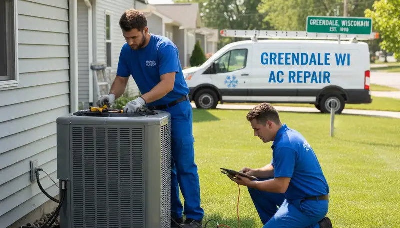 Professional AC repair technician servicing cooling unit in Milwaukee WI home