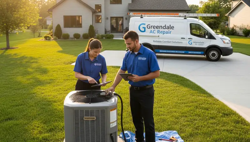 Professional AC repair technician servicing air conditioner unit in Milwaukee WI home