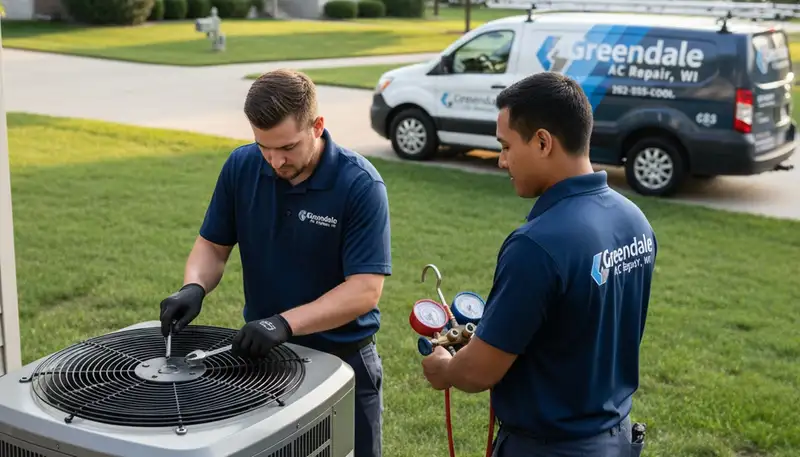 Professional AC repair technician servicing air conditioner unit in Milwaukee WI