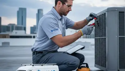 Technician repairing home air conditioner unit in Milwaukee WI for Five Star Cooling service