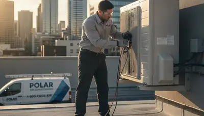 Technician repairing residential air conditioner unit in Milwaukee WI for Five Star Cooling service