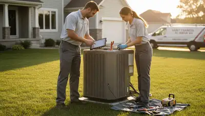 Professional AC repair technician servicing unit in Milwaukee WI home
