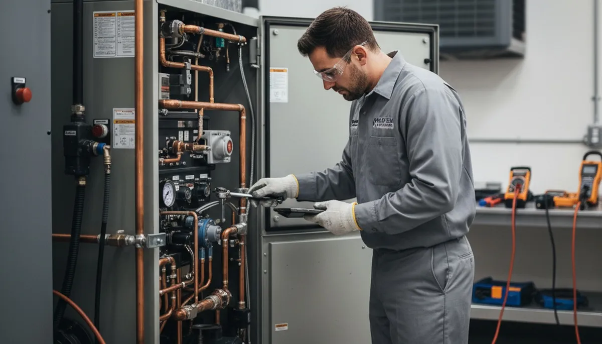 Technician performing boiler repair service in Milwaukee WI home by Five Star Cooling