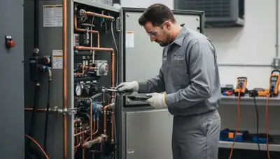 Technician performing boiler repair service in Milwaukee WI home by Five Star Cooling