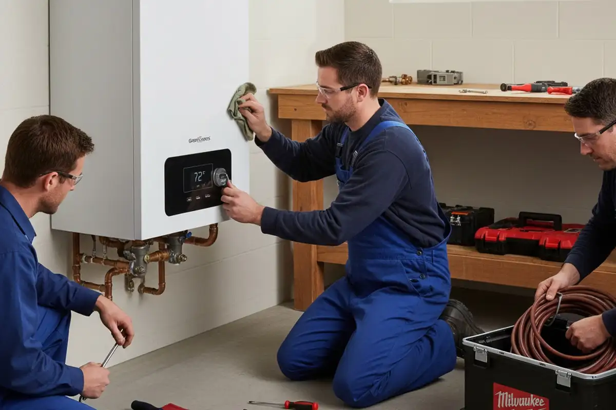 Technician finishing boiler repair at Milwaukee WI home, ensuring efficient heating system performance