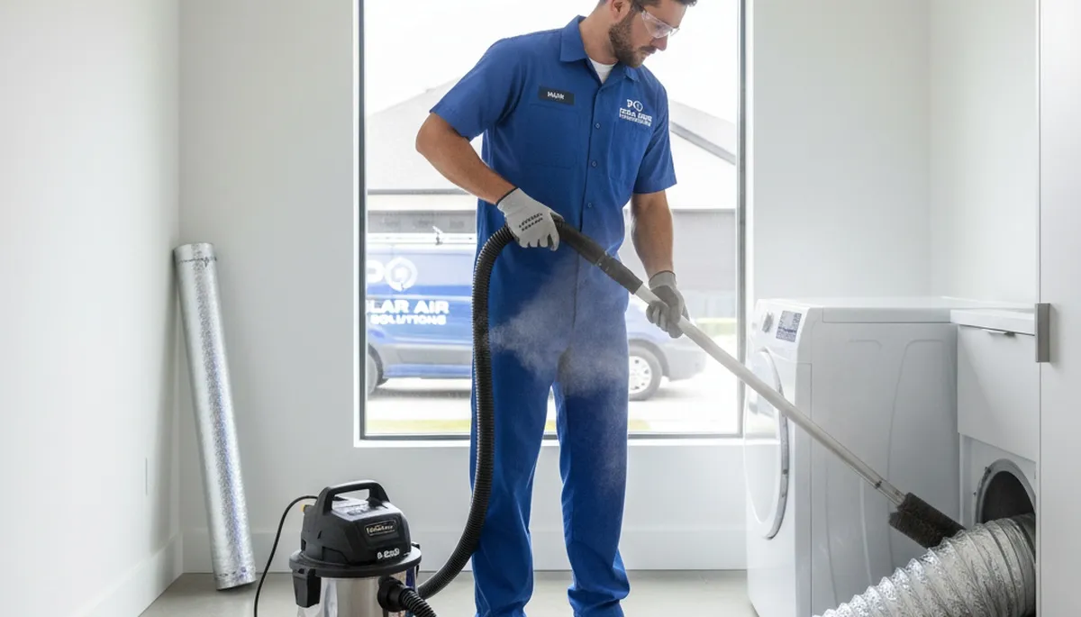 Technician cleaning dryer vent in Milwaukee WI home for Five Star Cooling efficiency and safety service