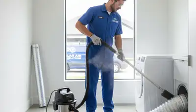 Technician cleaning dryer vent in Milwaukee WI home for Five Star Cooling efficiency and safety service