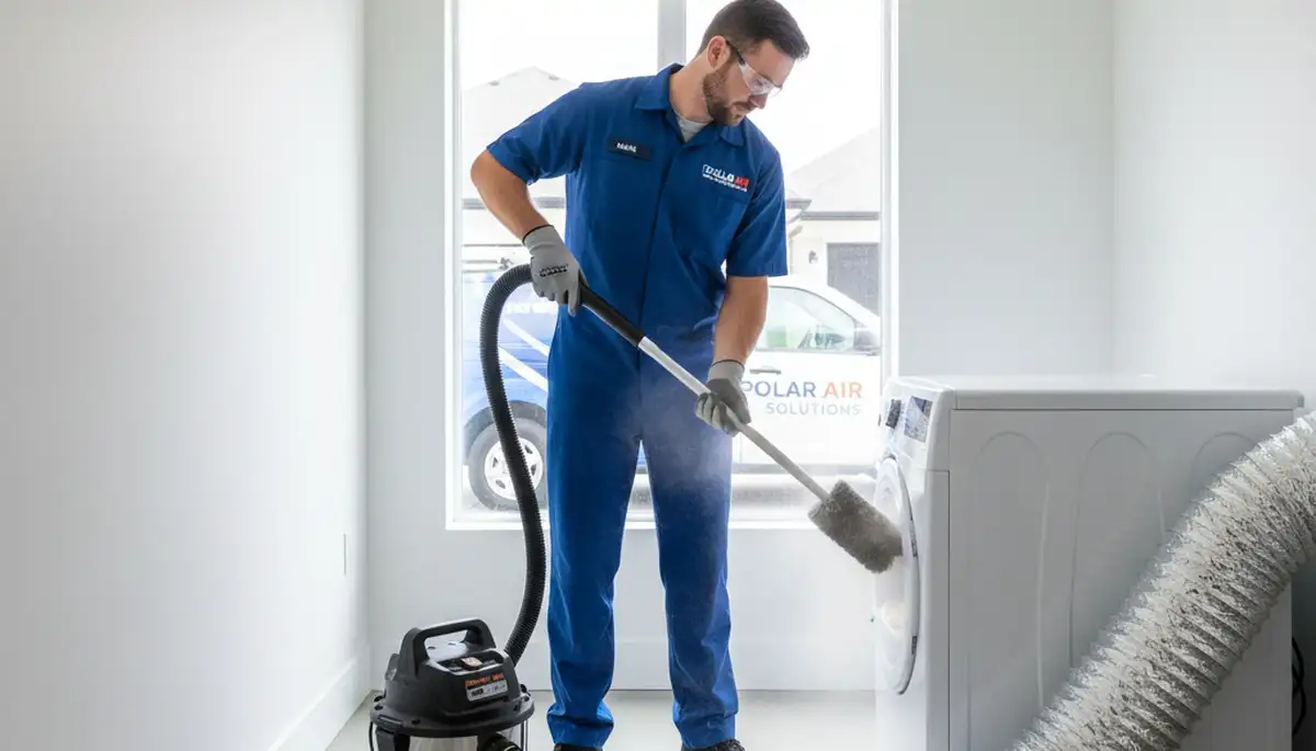 Technician cleaning dryer vent for improved airflow in Milwaukee WI home by Five Star Cooling