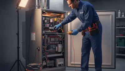 Technician performing furnace repair service in Milwaukee WI home for Five Star Cooling