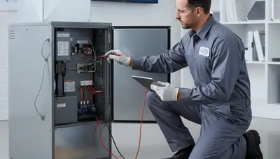 Technician performing furnace repair in Milwaukee WI home for Five Star Cooling heating service