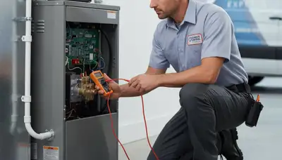 Technician performing furnace repair in Milwaukee, WI for Five Star Cooling heating service