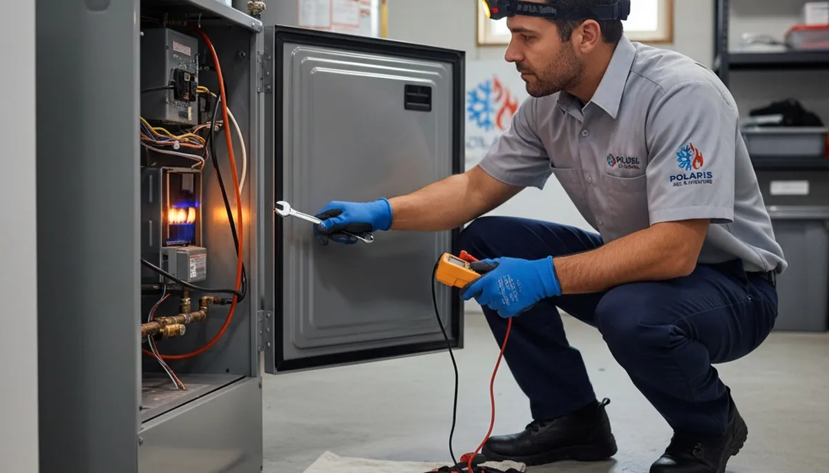Technician performing heating repair service in Milwaukee WI home for Five Star Cooling