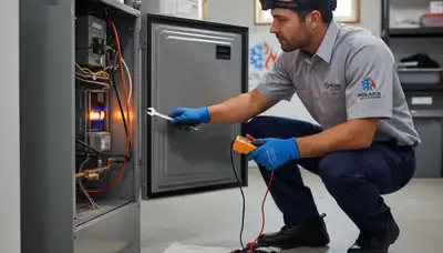 Technician performing heating repair service in Milwaukee WI home for Five Star Cooling