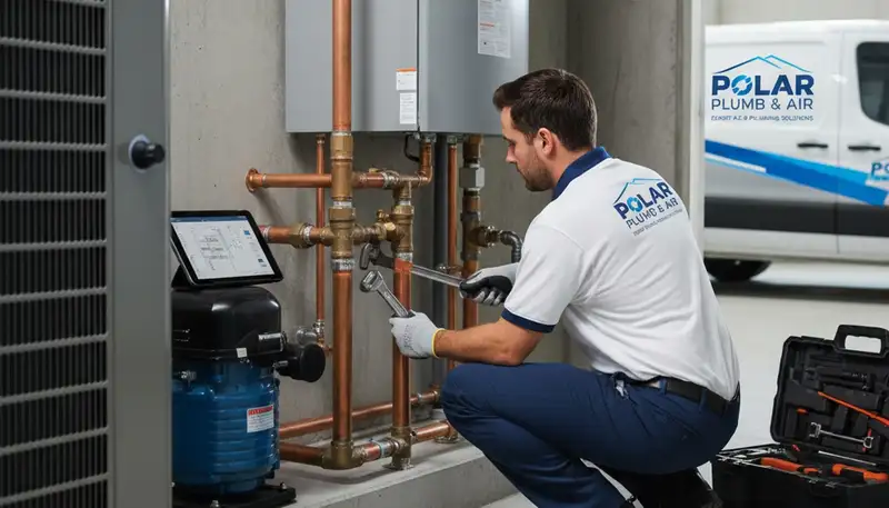 Licensed plumber fixing water heater in Milwaukee WI for Five Star Cooling plumbing services