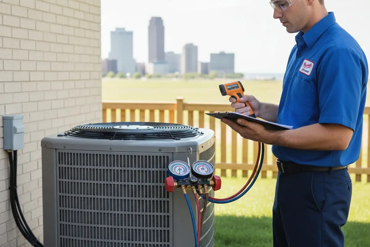 Technician performing AC repair quality check with diagnostic tools in Milwaukee, WI