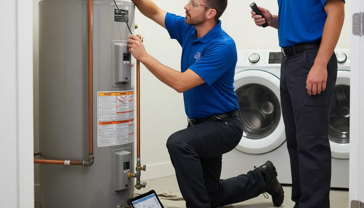 Technician repairing residential water heater in Milwaukee WI for Five Star Cooling service
