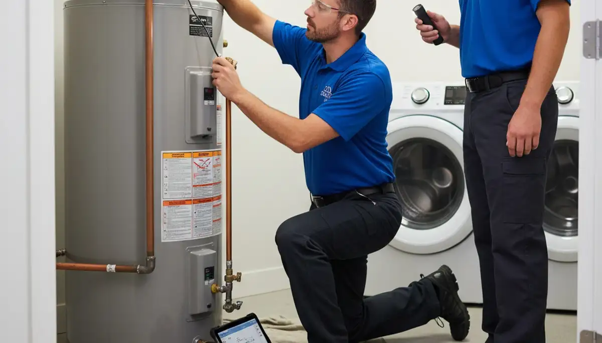 Technician repairing residential water heater in Milwaukee WI for Five Star Cooling service